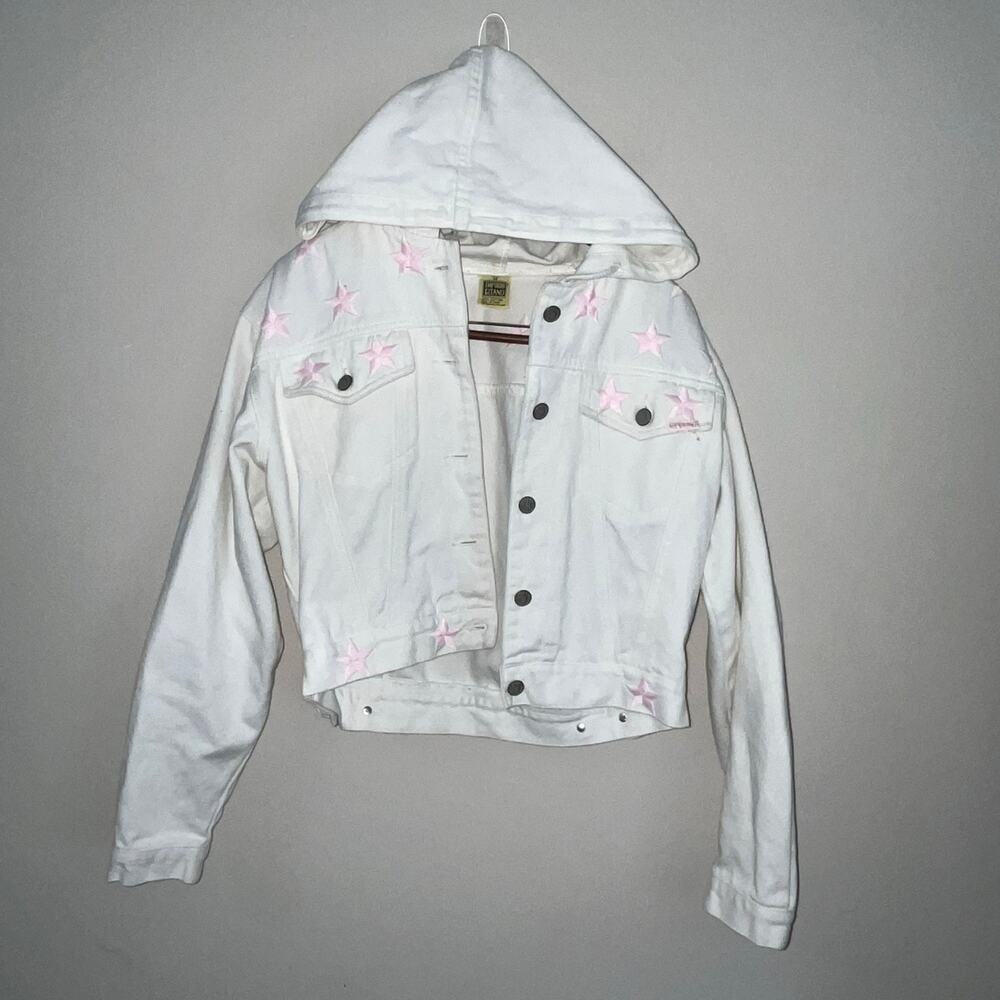 Vintage Emporio Gitano White Cotton Jean Jacket Pink Embroidered Jacket (0967)